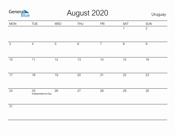 Printable August 2020 Calendar for Uruguay