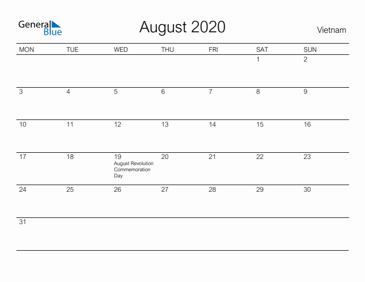 Printable August 2020 Calendar for Vietnam