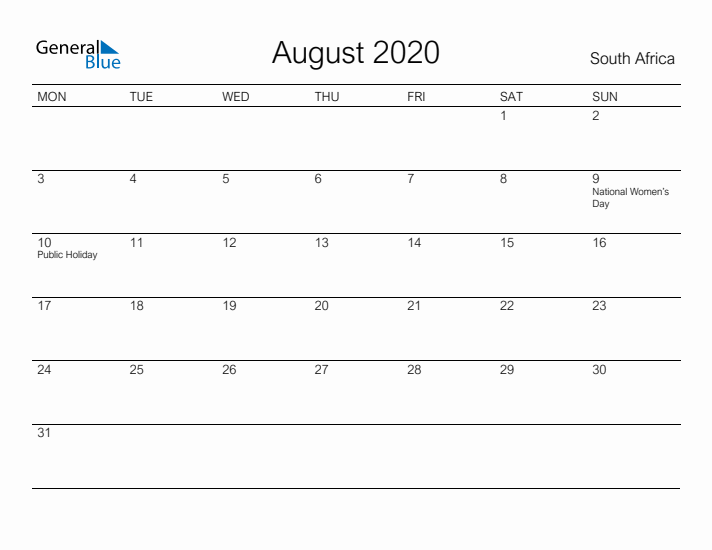 Printable August 2020 Calendar for South Africa