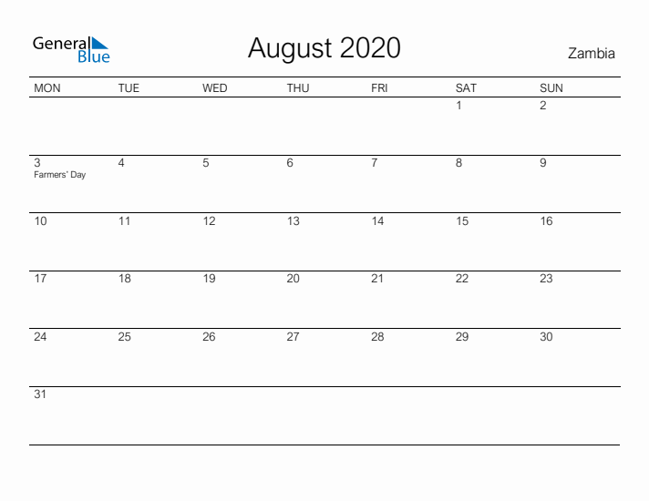 Printable August 2020 Calendar for Zambia