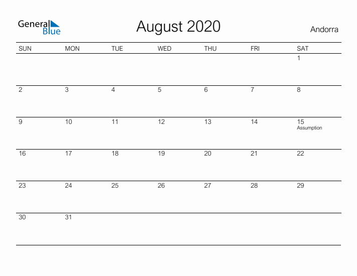Printable August 2020 Calendar for Andorra