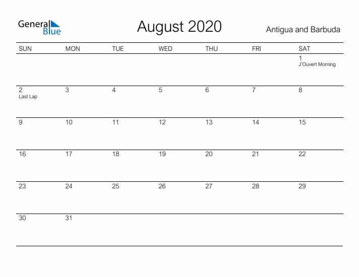 Printable August 2020 Calendar for Antigua and Barbuda