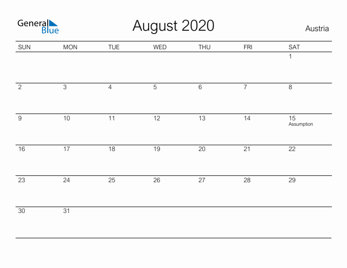 Printable August 2020 Calendar for Austria