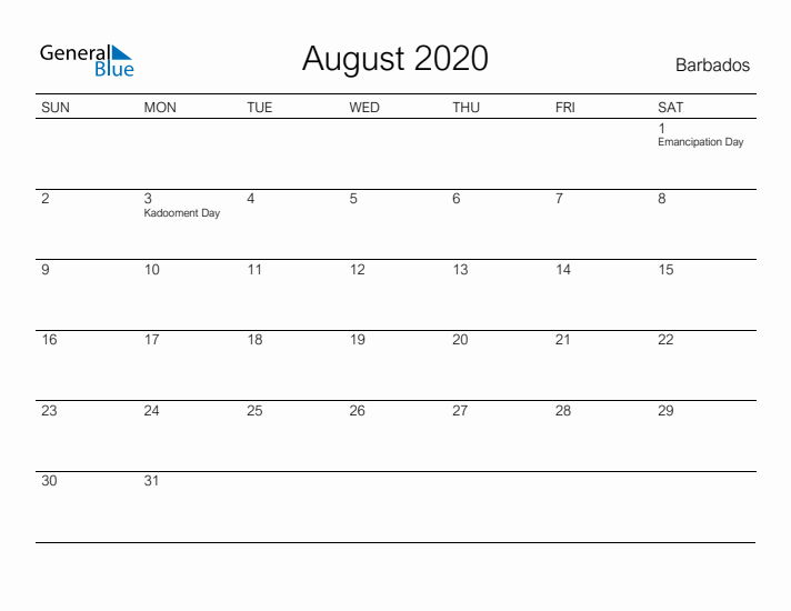 Printable August 2020 Calendar for Barbados