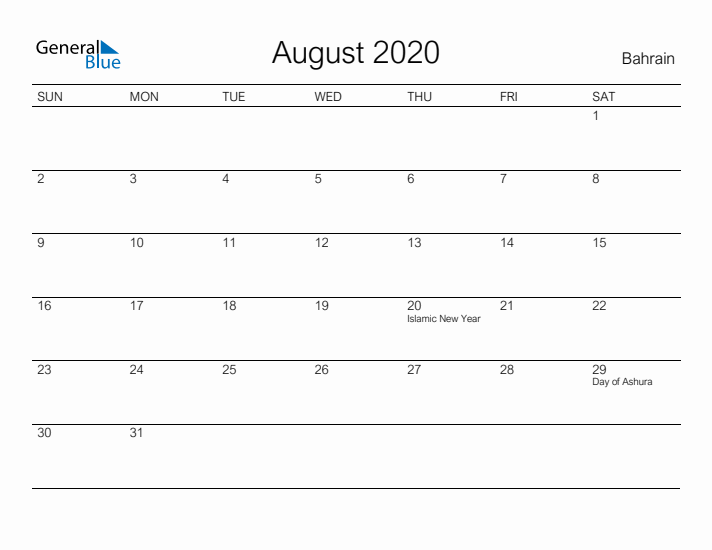 Printable August 2020 Calendar for Bahrain