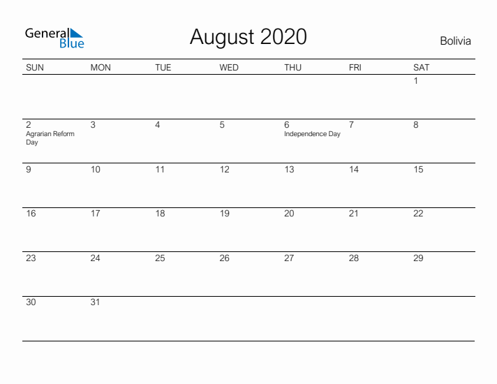 Printable August 2020 Calendar for Bolivia