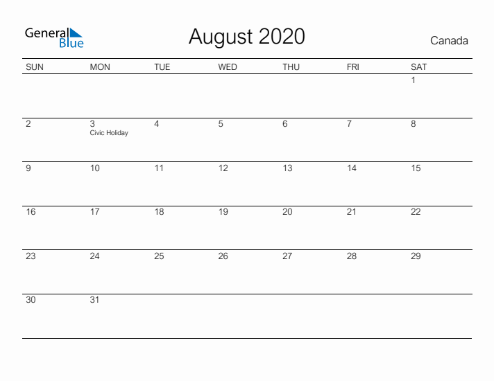 Printable August 2020 Calendar for Canada