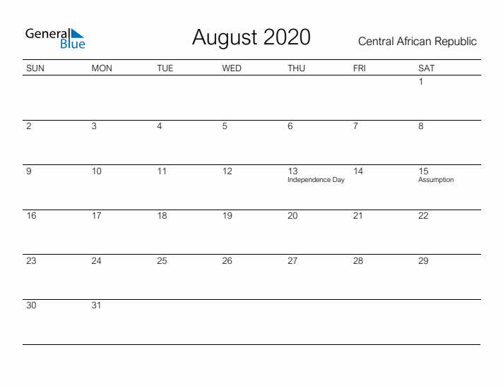 Printable August 2020 Calendar for Central African Republic