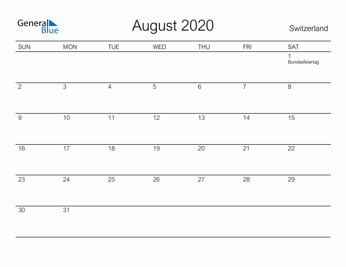Printable August 2020 Calendar for Switzerland