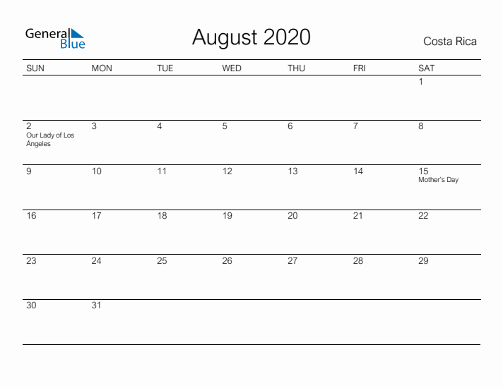 Printable August 2020 Calendar for Costa Rica