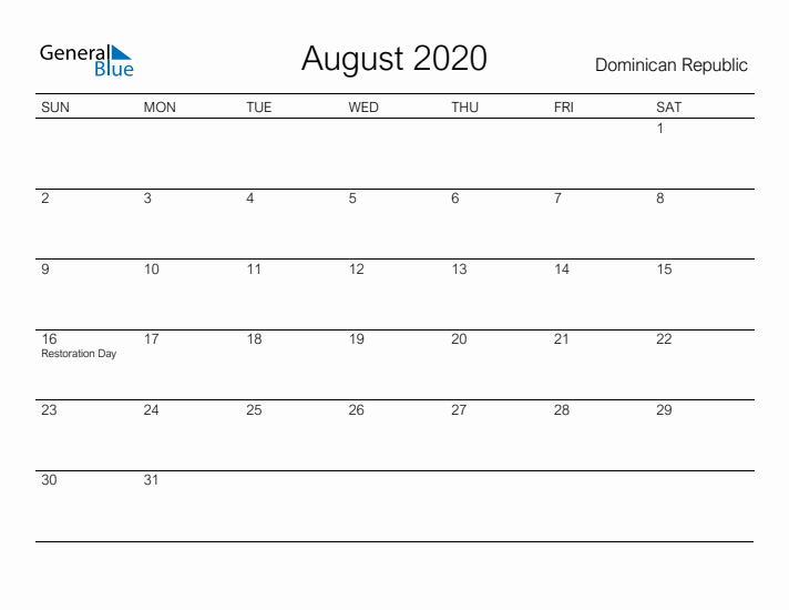 Printable August 2020 Calendar for Dominican Republic