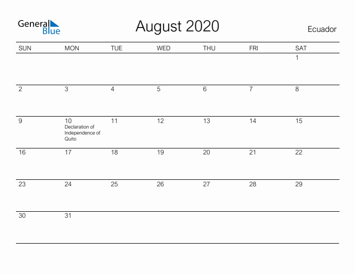 Printable August 2020 Calendar for Ecuador