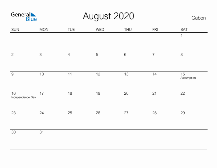 Printable August 2020 Calendar for Gabon