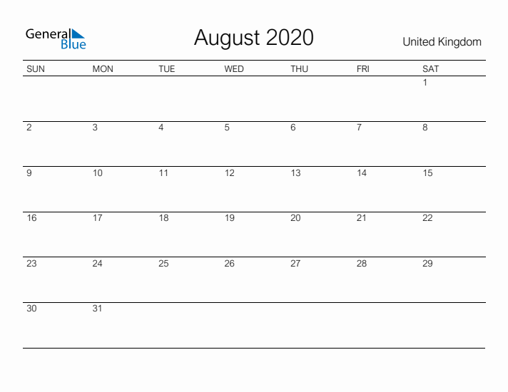 Printable August 2020 Calendar for United Kingdom