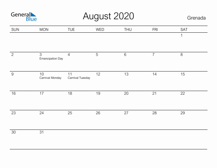 Printable August 2020 Calendar for Grenada