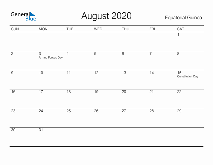 Printable August 2020 Calendar for Equatorial Guinea