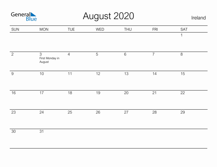 Printable August 2020 Calendar for Ireland