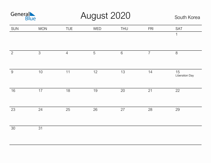 Printable August 2020 Calendar for South Korea