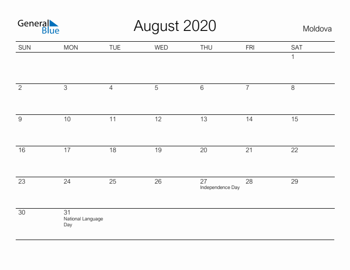 Printable August 2020 Calendar for Moldova