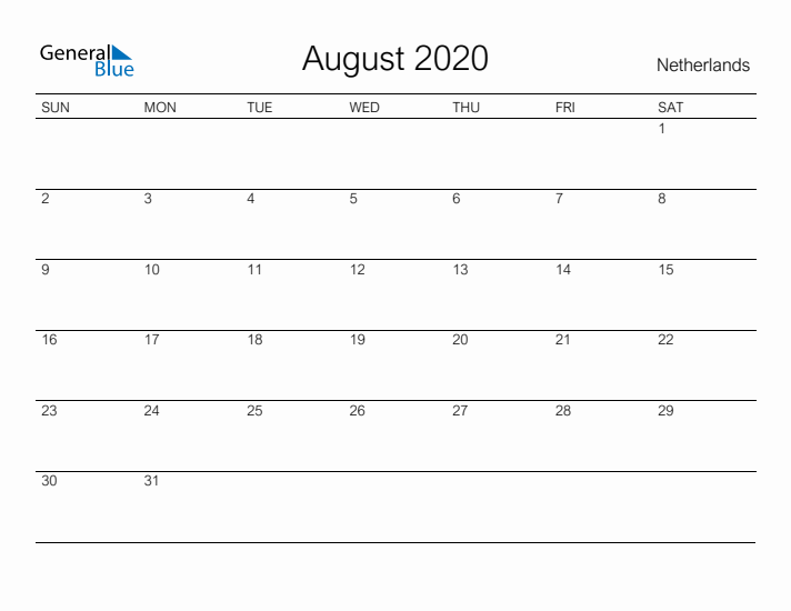 Printable August 2020 Calendar for The Netherlands