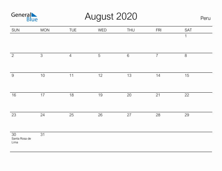 Printable August 2020 Calendar for Peru