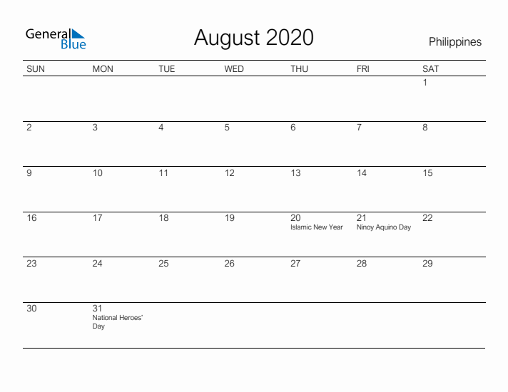 Printable August 2020 Calendar for Philippines