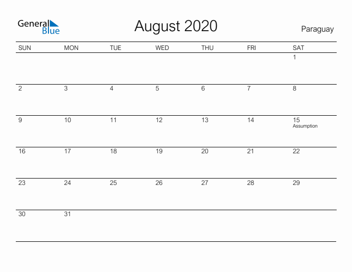 Printable August 2020 Calendar for Paraguay