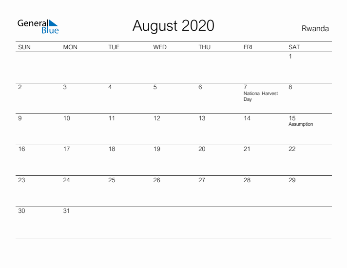 Printable August 2020 Calendar for Rwanda
