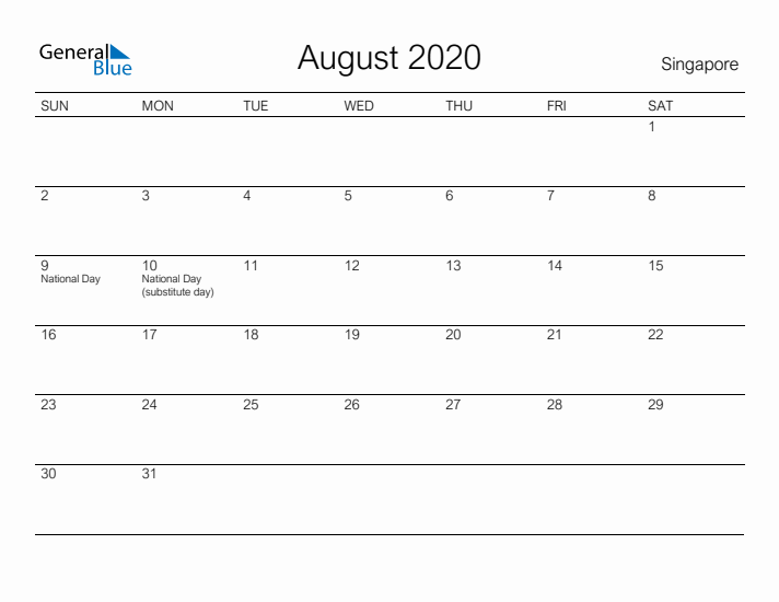 Printable August 2020 Calendar for Singapore
