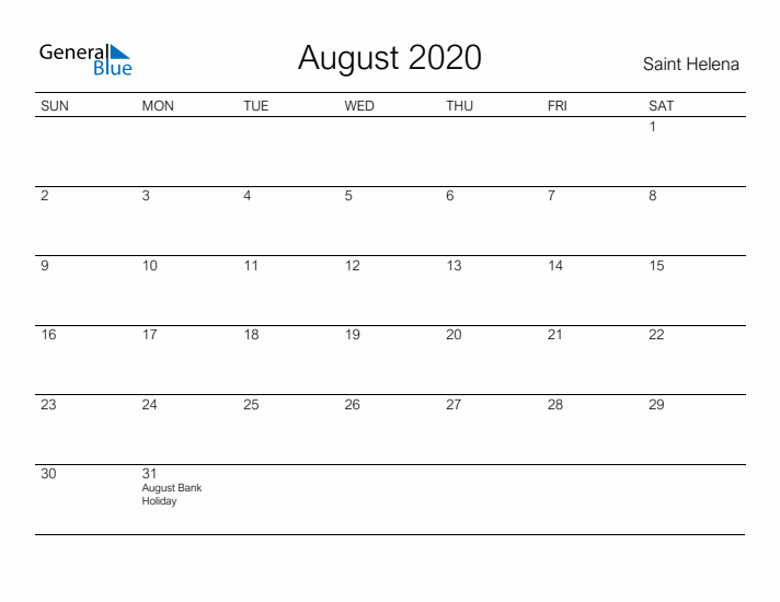 Printable August 2020 Calendar for Saint Helena