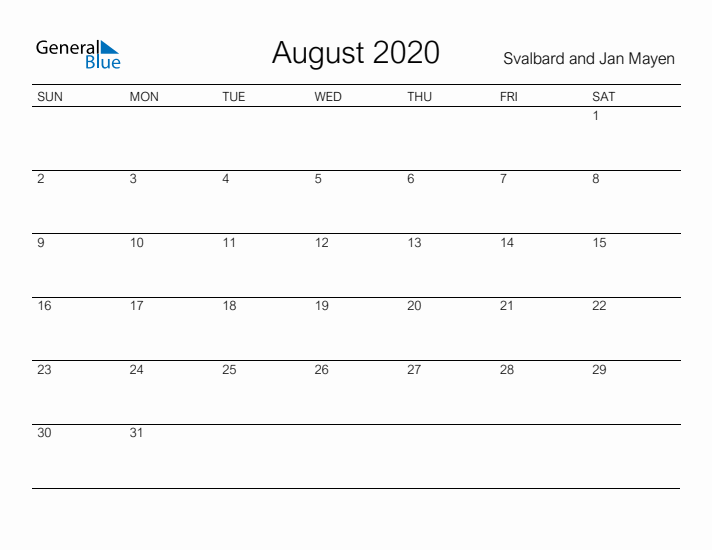 Printable August 2020 Calendar for Svalbard and Jan Mayen