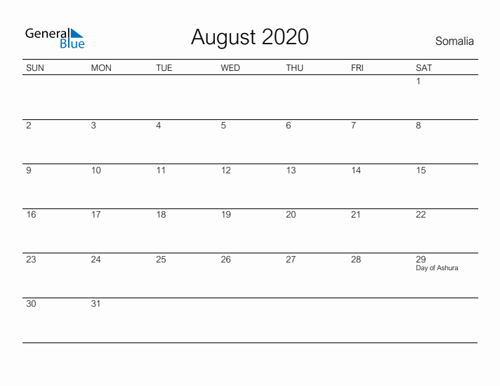 Printable August 2020 Calendar for Somalia