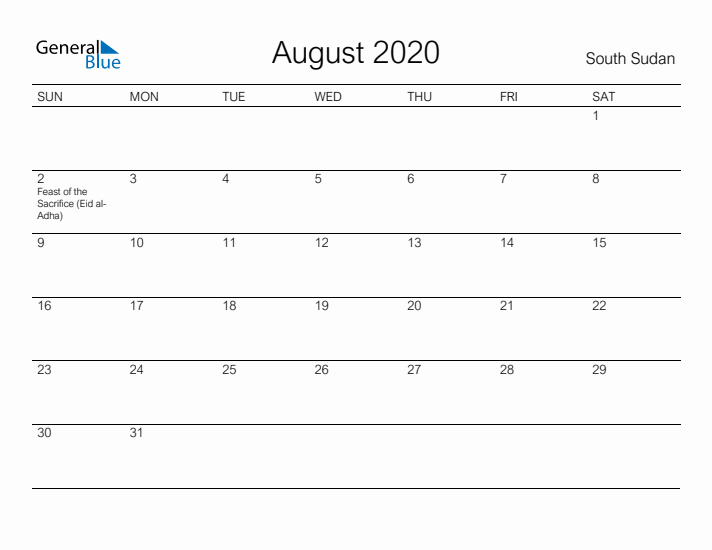 Printable August 2020 Calendar for South Sudan