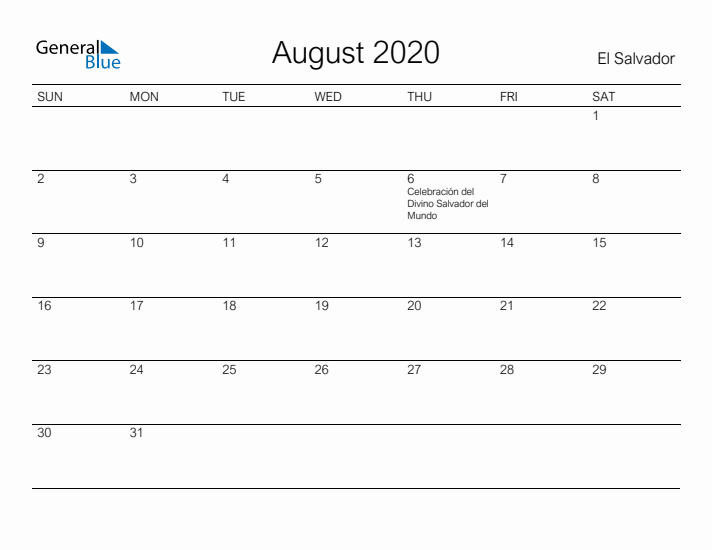 Printable August 2020 Calendar for El Salvador