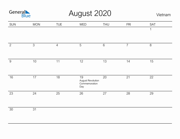 Printable August 2020 Calendar for Vietnam