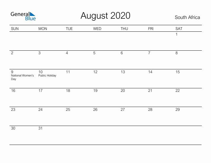 Printable August 2020 Calendar for South Africa