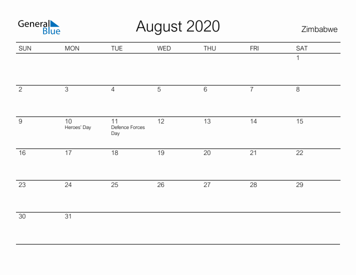 Printable August 2020 Calendar for Zimbabwe