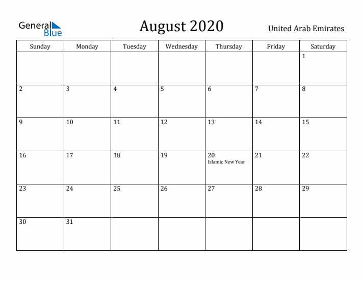 August 2020 Calendar United Arab Emirates