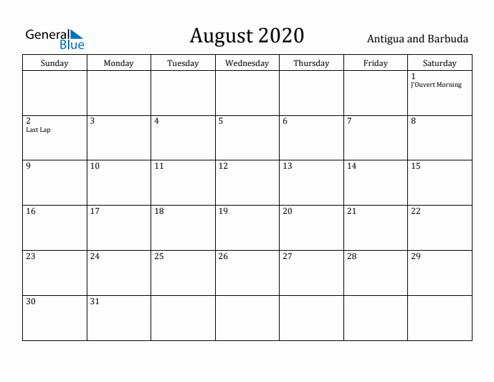 August 2020 Calendar Antigua and Barbuda