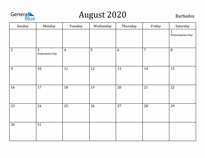 August 2020 Calendar Barbados