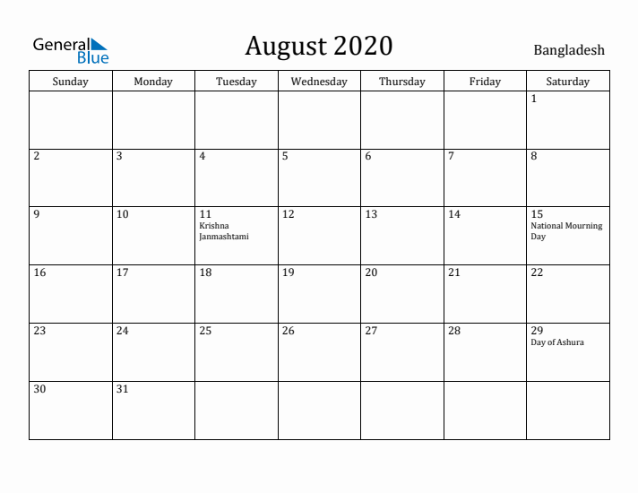 August 2020 Calendar Bangladesh