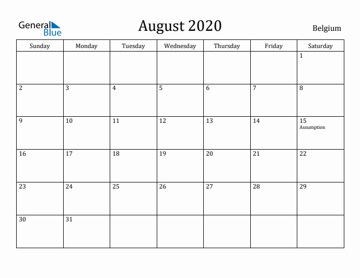 August 2020 Calendar Belgium