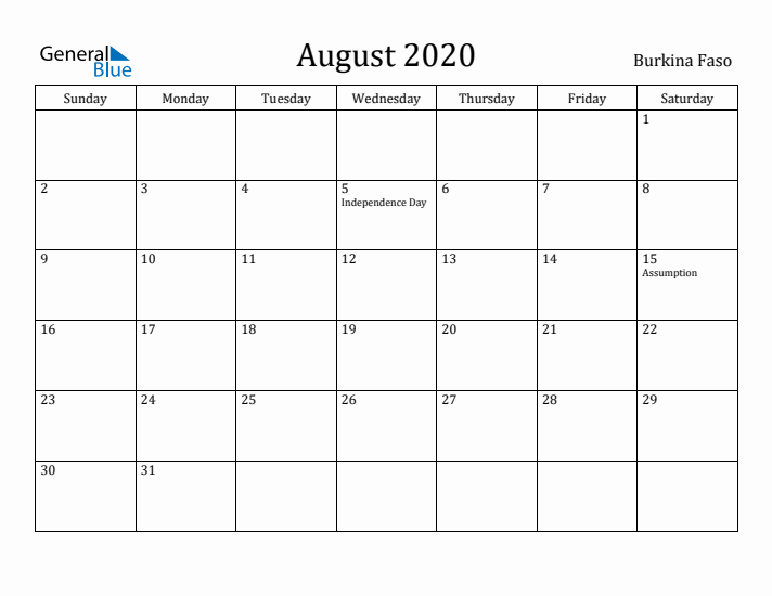 August 2020 Calendar Burkina Faso