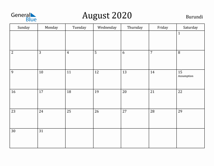 August 2020 Calendar Burundi
