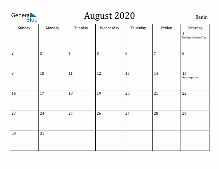 August 2020 Calendar Benin