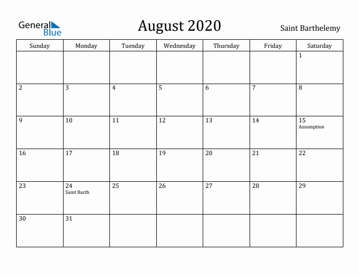 August 2020 Calendar Saint Barthelemy
