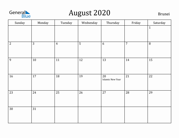 August 2020 Calendar Brunei