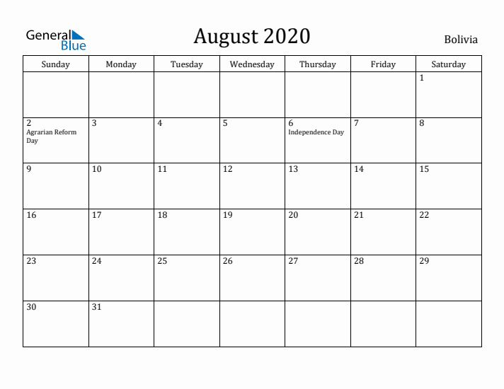 August 2020 Calendar Bolivia