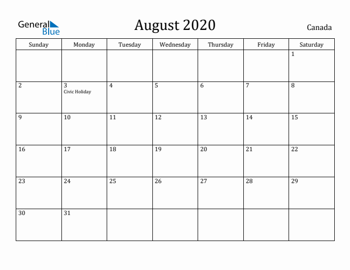 August 2020 Calendar Canada