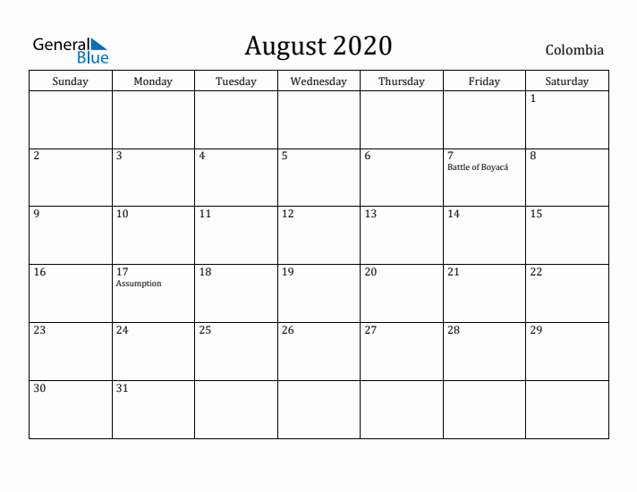 August 2020 Calendar Colombia